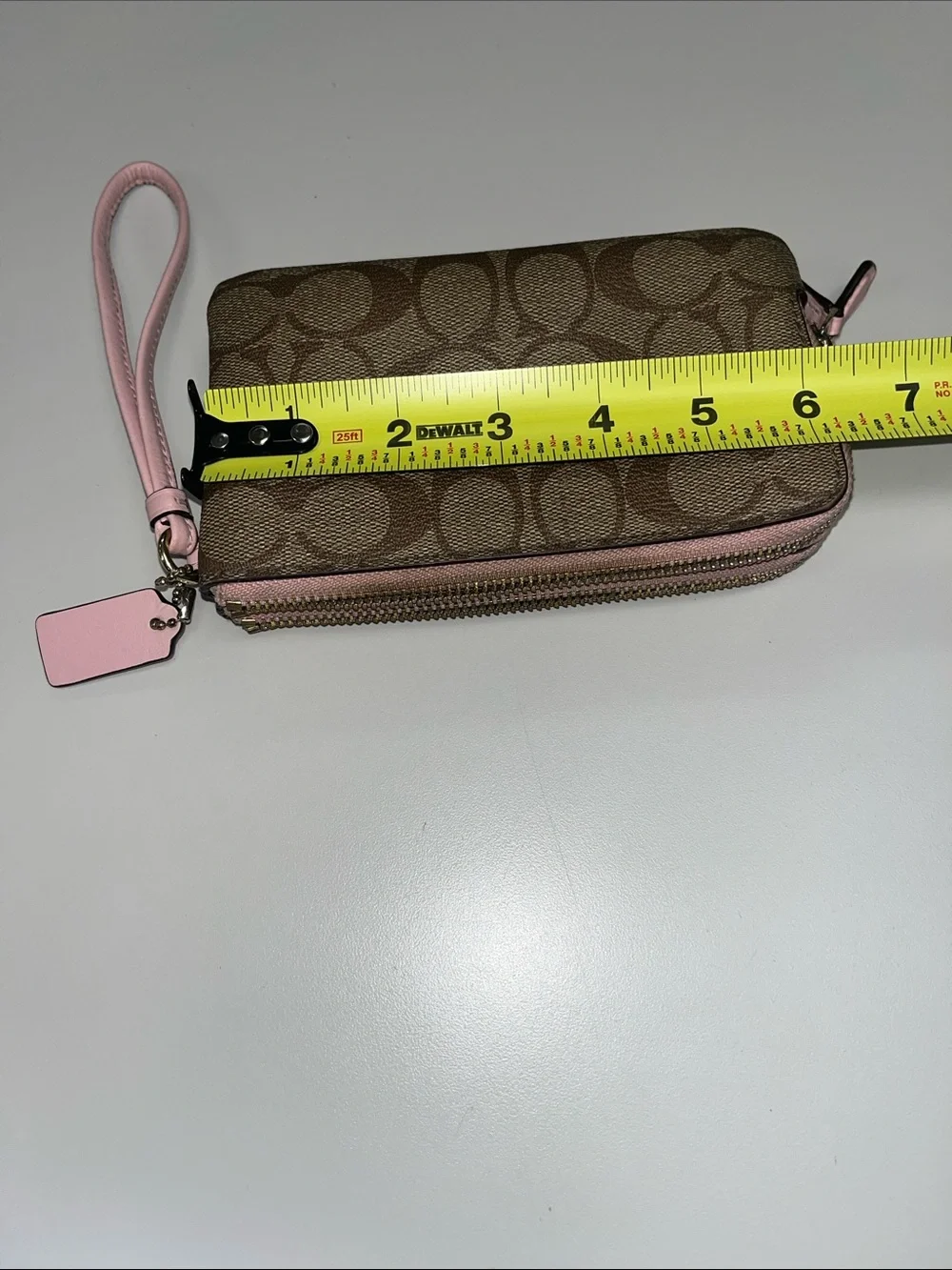 Coach Brown Signature Canvas Wristlet with Pink Trim